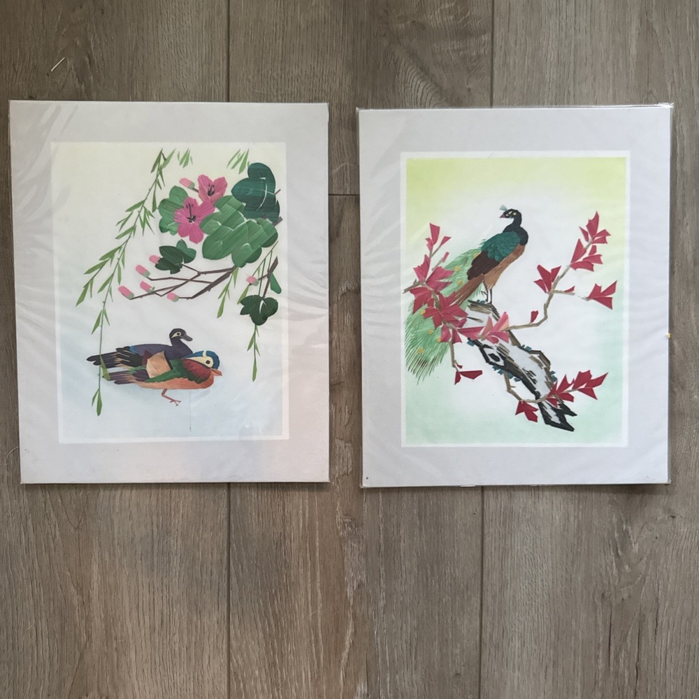 Ducks on a pond & Peacock Wheat Stalk On Silk Picture Hand Cut and Painted 9x11